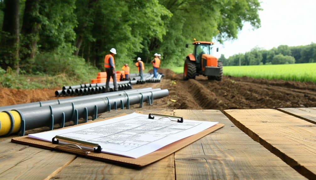 A clipboard with construction plans rests on a wooden table in the foreground, while workers in safety vests and helmets, pipes, and a tractor are visible at a pipeline construction site near a field and forest.