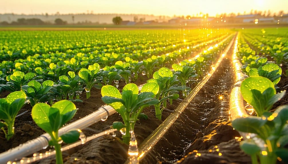 Rows of young green plants in a field are watered by drip irrigation pipes as sunlight glows in the background, with water droplets visible on the leaves and soil.