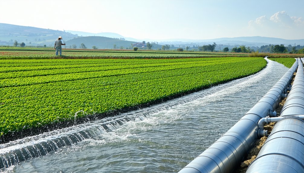 A large field of green crops is irrigated by water flowing from metal pipes. A farmer wearing a hat stands among the rows in the distance under a bright, clear sky with hills in the background.