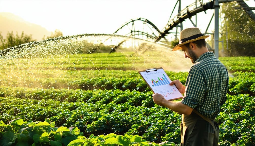 A farmer wearing a straw hat and apron stands in a lush green field, examining a clipboard with charts and graphs, while an irrigation system waters the crops under sunlight.