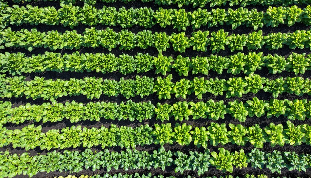 Rows of lush green leafy vegetables growing in neatly organized lines in dark soil, seen from above, showing a healthy and well-maintained garden or farm field.