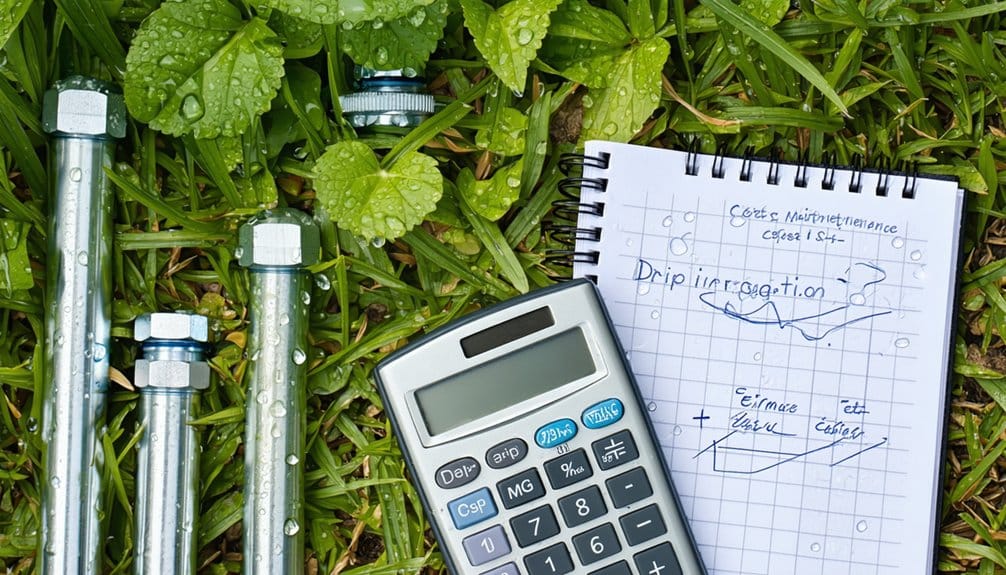 Three metal pipes, a calculator, and a notebook with handwritten notes and diagrams lie on dewy grass. The notes mention Drip irrigation and maintenance costs.