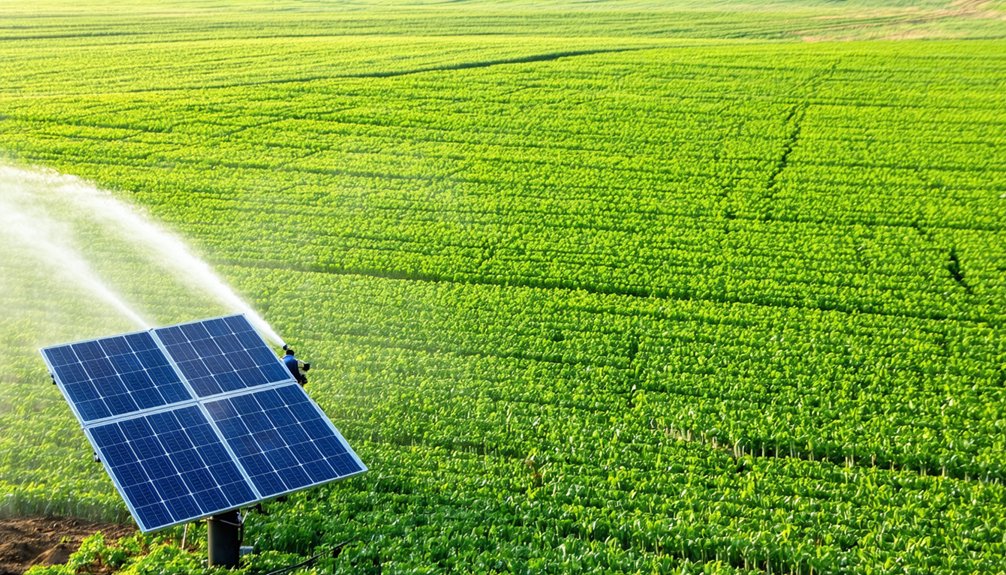 Solar panels power an irrigation system spraying water over a lush, green agricultural field, demonstrating the use of renewable energy in modern farming.