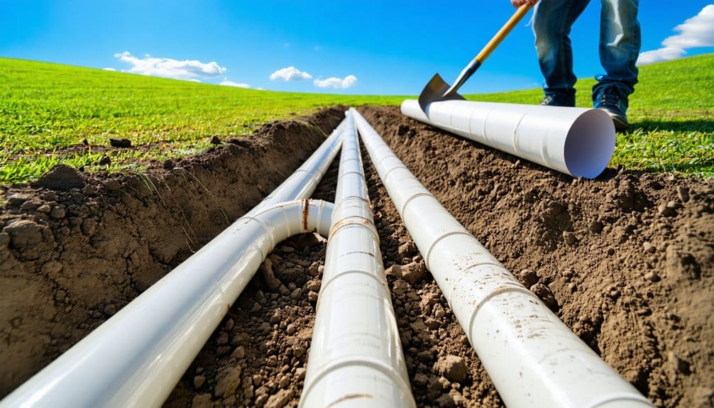 A person with a shovel installs large white drainage pipes into a trench dug in a grassy field under a bright blue sky.