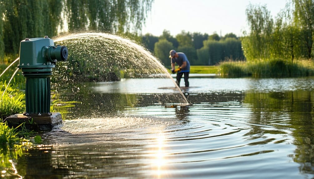 A green water hydrant sprays water into a flooded grassy area, with a person working near the edge of a pond or lake in the background on a sunny day. Trees line the water’s edge.