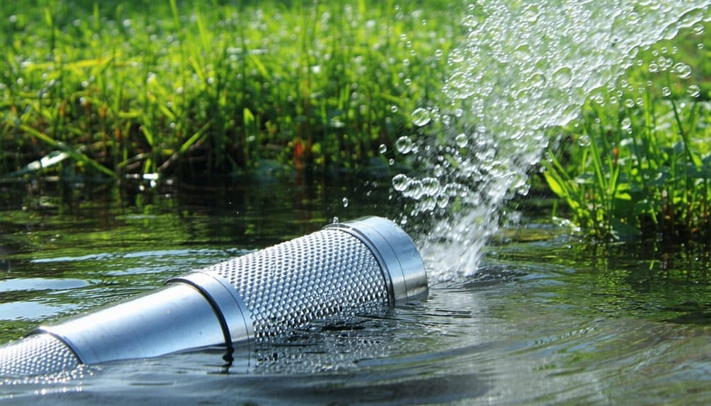 A metal water pump or filter with a perforated casing partially submerged in a pond, spraying water upwards, with green grass visible in the background.