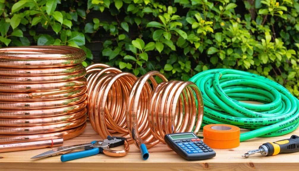Coiled copper and green plastic pipes, pliers, a calculator, tape, and a screwdriver are arranged on a wooden table outdoors, with leafy green plants in the background.