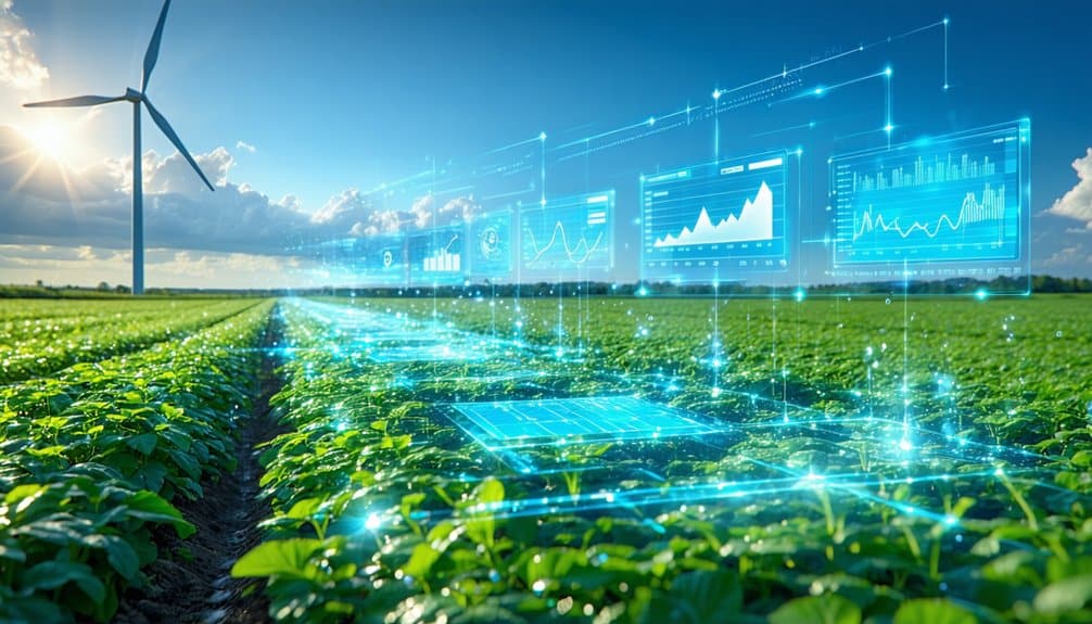 A lush green crop field with digital graphs and data overlays, symbolizing smart farming technology, and a wind turbine in the background under a blue sky with clouds.
