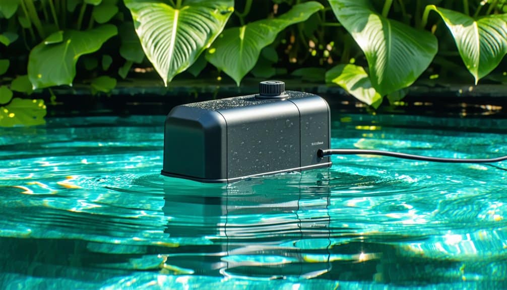 A black electronic device floats on the surface of a clear blue pool, connected by a cable, with large green leafy plants in the background.