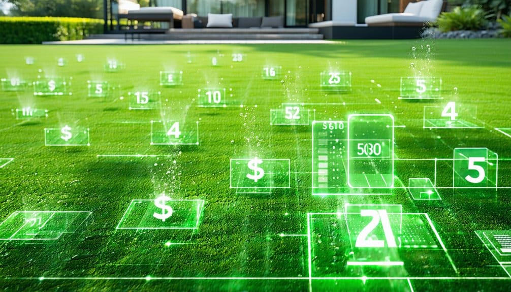 A digital overlay of dollar symbols, numbers, and data panels appears above a green lawn, suggesting smart technology or financial data integration in landscaping outside a modern home.