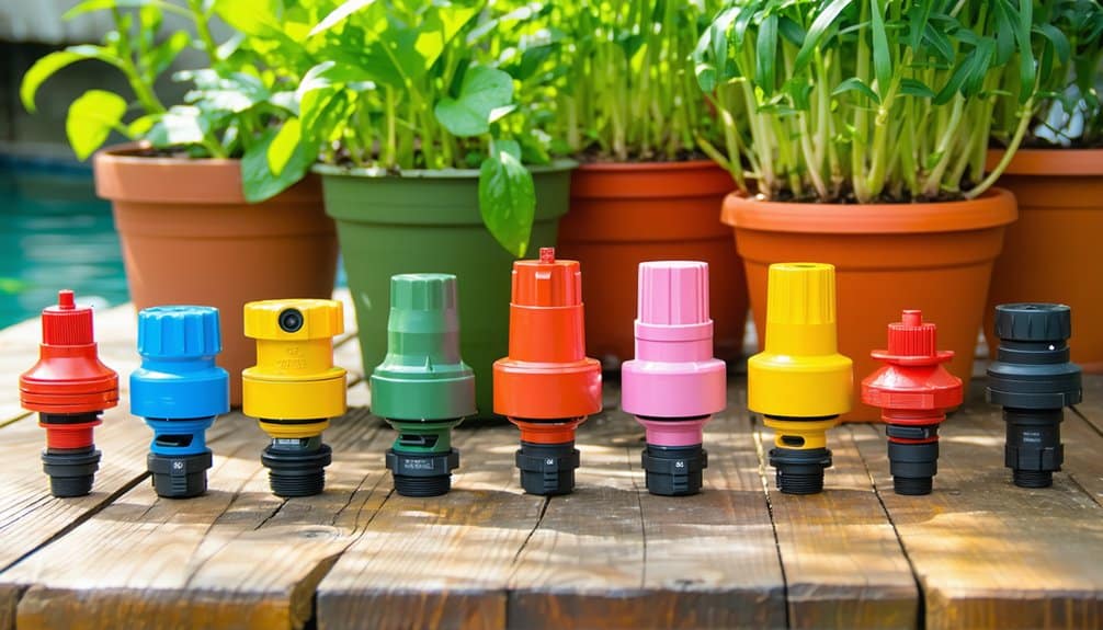 A row of colorful garden hose nozzles is lined up on a wooden surface, with potted green plants in the background. The nozzles are in various shapes and bright colors, including red, yellow, blue, pink, and green.