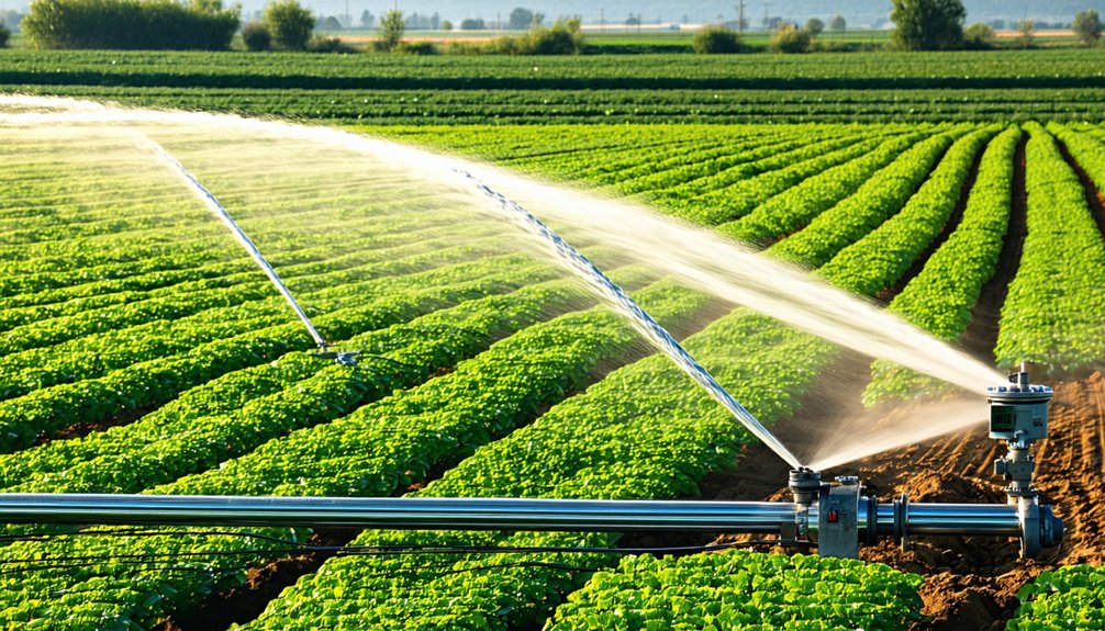 A large irrigation system sprays water over rows of green crops in a well-maintained agricultural field on a sunny day, with distant trees and a clear sky in the background.
