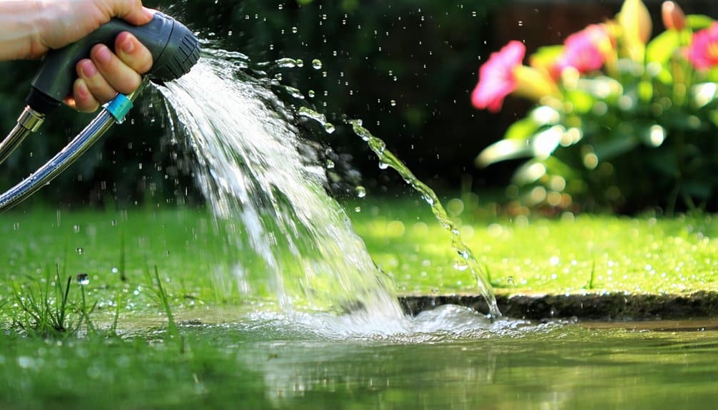 A hand holds a garden hose, spraying water onto green grass. In the background, colorful flowers and greenery are softly blurred by sunlight.