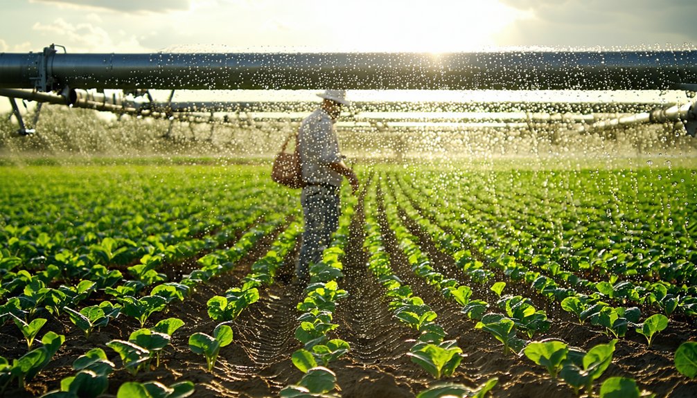 A person stands in a field of young green plants, surrounded by rows of crops, as an overhead irrigation system sprays water under bright sunlight.