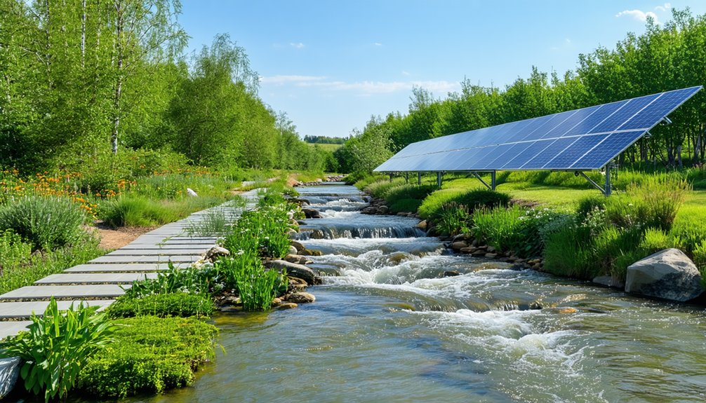 A small stream flows beside a path of stepping stones, surrounded by lush greenery and flowers. Solar panels stand on the right side, tilted toward the sun. Trees line the background under a clear blue sky.