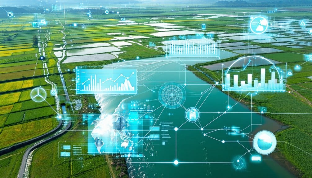 Aerial view of farmland with flooded fields, overlaid with digital data graphics including charts, graphs, and network connections, representing the integration of technology and agriculture.