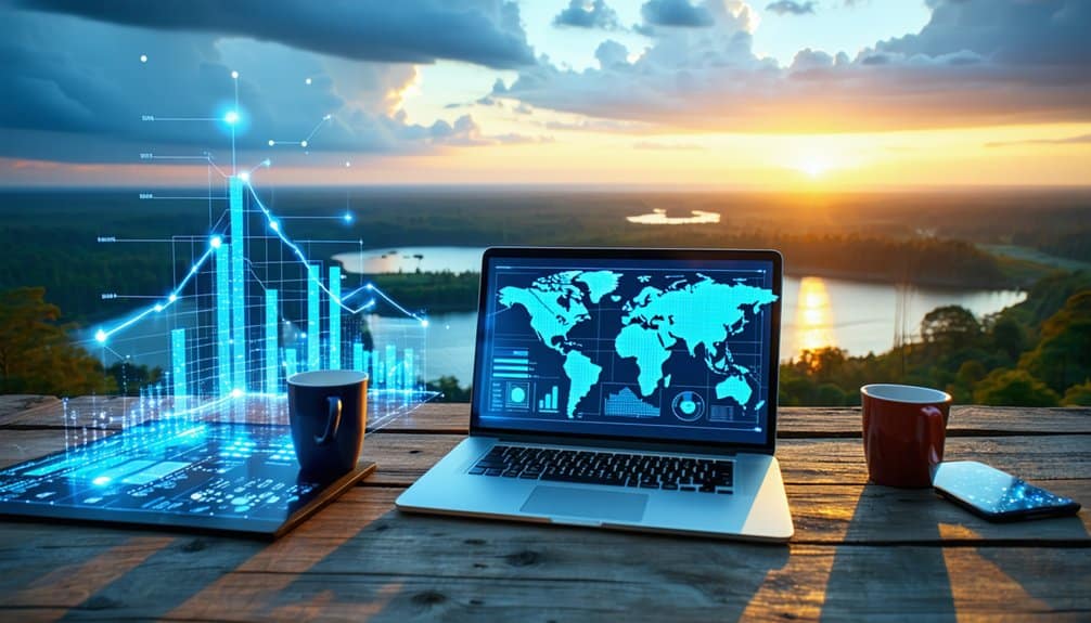 A laptop displaying a world map and charts sits on a wooden table outdoors at sunset, with digital graphs hovering beside it. Two coffee mugs are on the table, overlooking a scenic view of lakes, trees, and the vibrant sky.