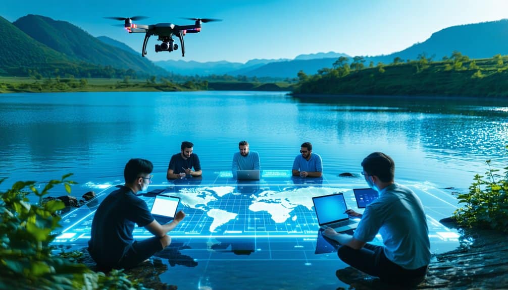 Five people work on laptops around a digital world map projected on the ground by a lake, with a drone hovering above them. Mountains and trees are visible in the background under a clear blue sky.