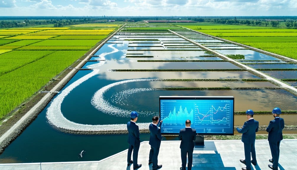 Five people in suits and helmets analyze data on a large digital screen, overlooking expansive rice fields with water channels and green crops under a blue sky.