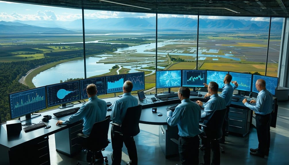 A group of people in blue shirts monitor multiple computer screens displaying data and graphs in a modern control room with large windows overlooking a river, fields, and distant mountains.