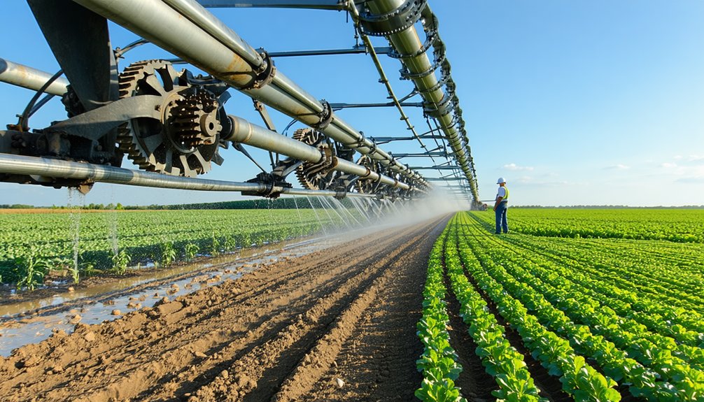 A large irrigation system waters rows of green crops in a field, with a person in a hard hat standing nearby under a clear blue sky.