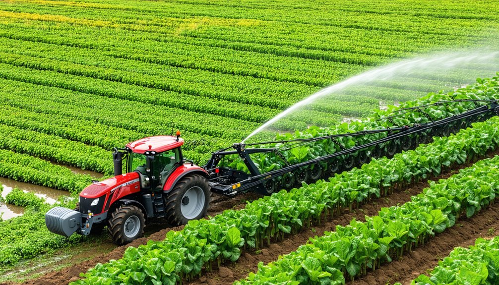 A red tractor with a large sprayer irrigates rows of green crops in a neatly organized, lush farmland under bright daylight.