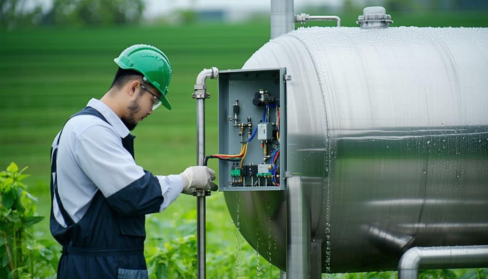 An engineer wearing a green helmet and gloves inspects and adjusts equipment inside an open control panel on a large, cylindrical metal tank in a green outdoor setting.