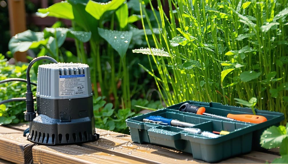 A water pump and a green tray with tools sit on a wet wooden surface in a garden with lush green plants in the background.