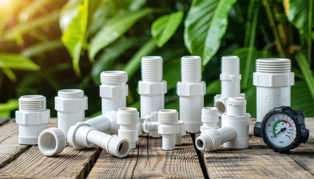 White plastic plumbing fittings and connectors, along with a black pressure gauge, are arranged on a wooden surface outdoors, with green leafy plants blurred in the background.