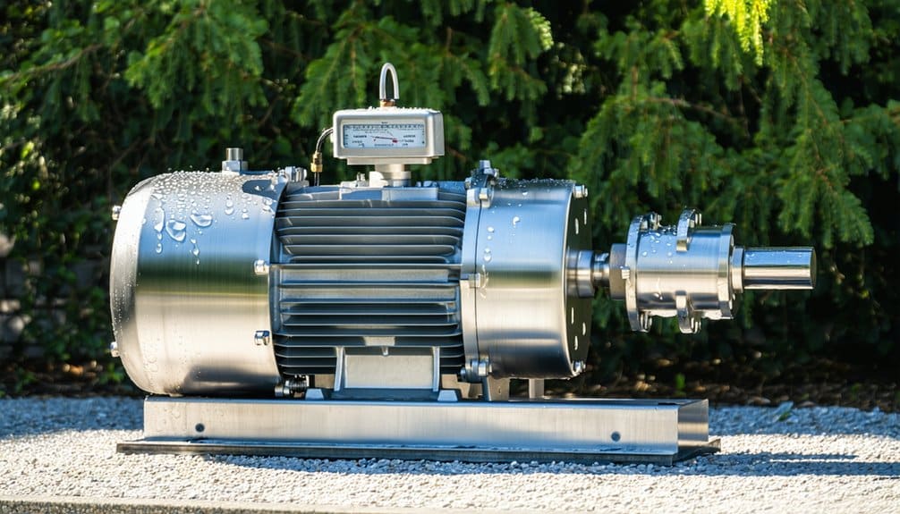 A large industrial electric motor with water droplets on its metallic surface sits outdoors on a gravel surface, with greenery in the background.