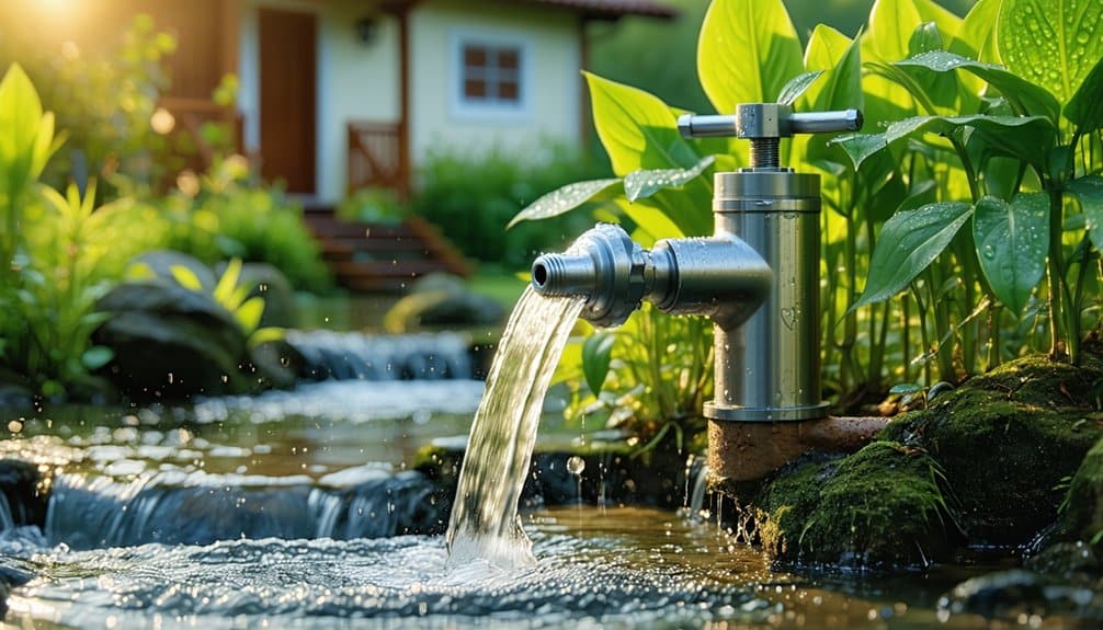 A shiny metal faucet pours clear water into a small stream surrounded by green plants, with a house visible in the blurred background on a sunny day.
