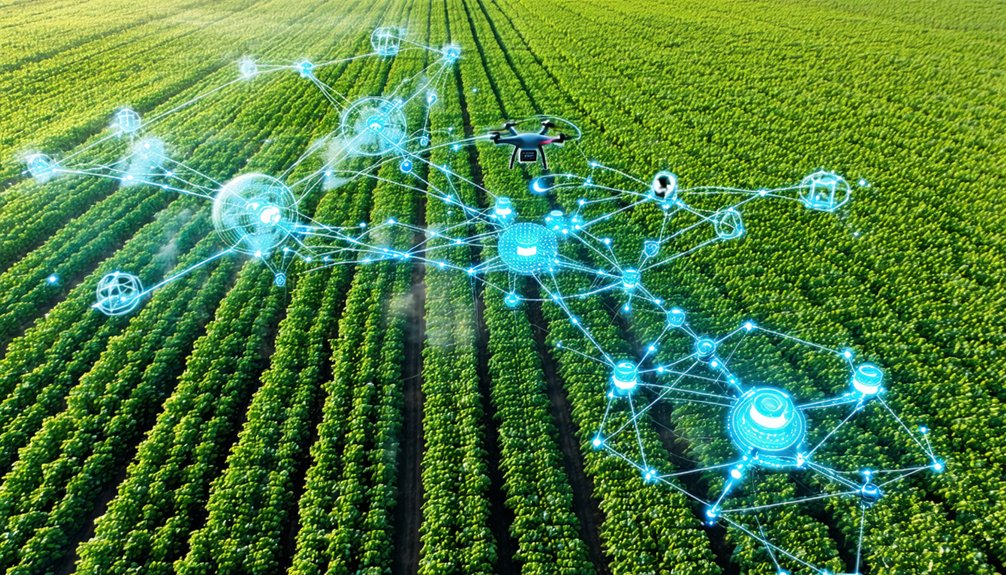 A drone flies over a lush green crop field, with glowing blue digital network graphics overlaying the scene, representing smart farming and agricultural technology.