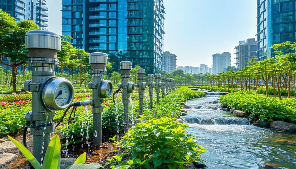 A landscaped urban garden with lush greenery, a small stream with a waterfall, and several metal water meters in a row. Modern high-rise buildings surround the park under a clear blue sky.