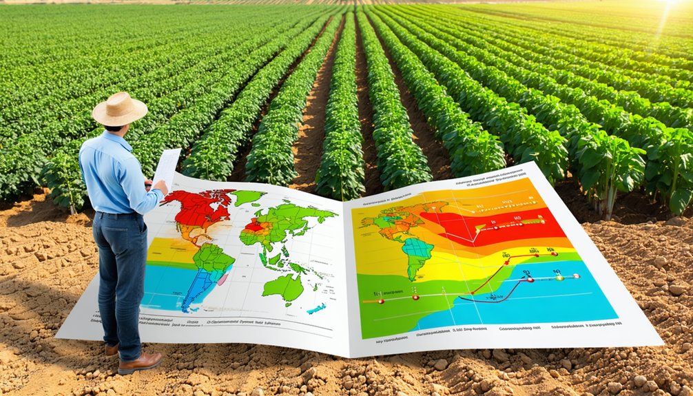 A farmer in a hat stands in a field, looking at a large, open map with colorful climate and agricultural diagrams, appearing as if the map is part of the soil between rows of crops.