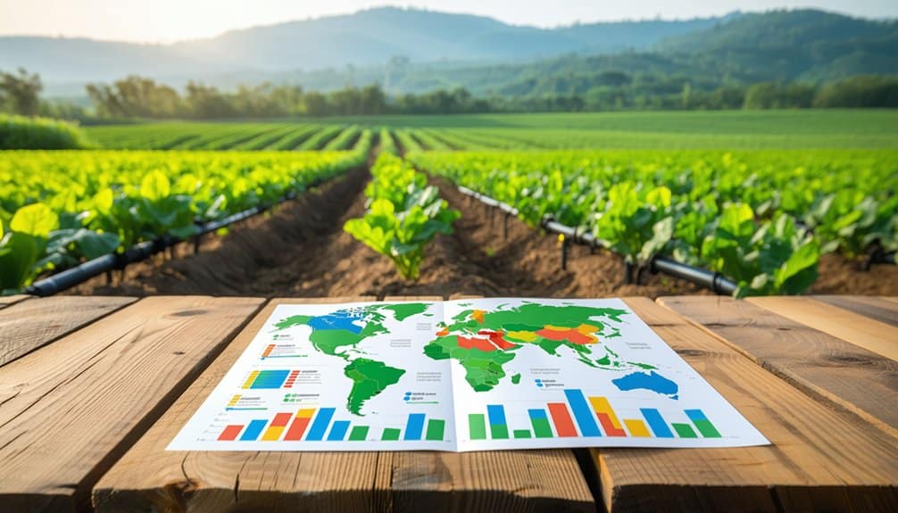 A colorful world map with bar graphs lies on a wooden table in front of green crop rows on a farm, with hills and trees in the background under a bright sky.