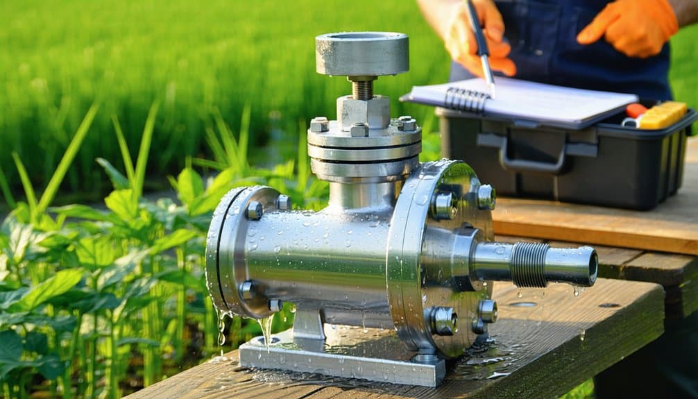 A shiny metal valve covered in water droplets is placed on a wooden surface outdoors, with green plants in the background and a person taking notes near a black toolbox.