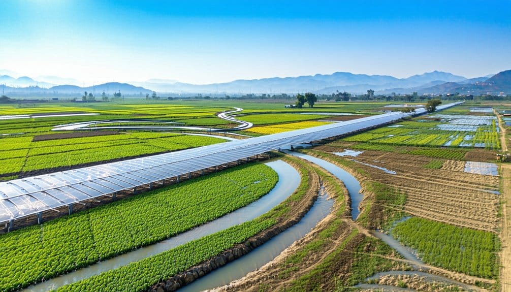 Aerial view of a lush green farmland with neat rows of crops, intersected by winding irrigation channels and a long covered walkway, set against distant mountains under a clear blue sky.