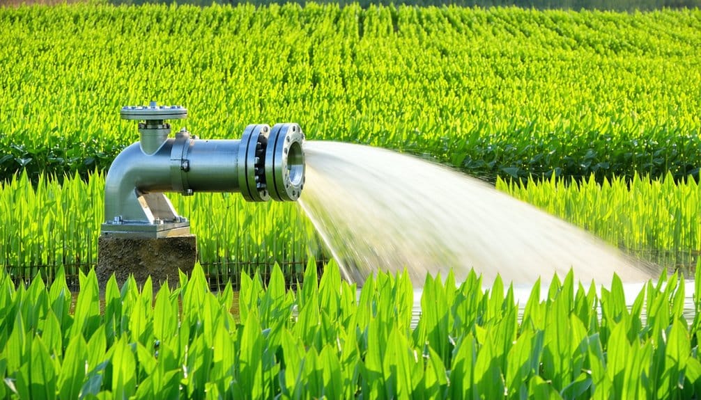 A large metal irrigation pipe releases water onto a green crop field, helping the young plants grow in neat rows under bright sunlight.