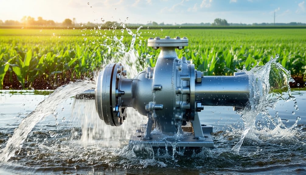 A metallic water pump spraying water onto a lush green field, with crops and sunlight in the background, illustrating irrigation in agriculture.