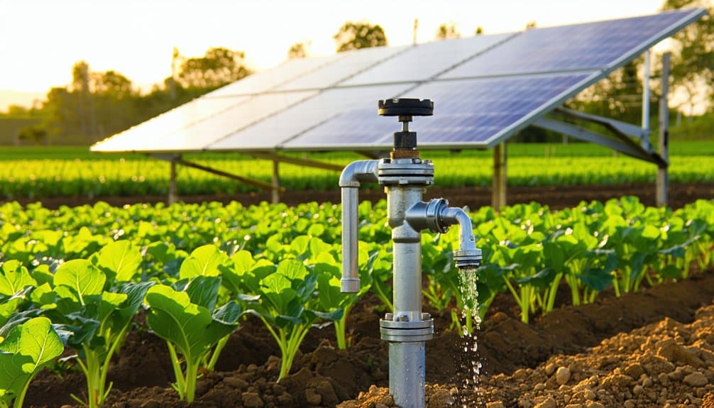 A solar-powered irrigation system watering rows of leafy green crops in a field, with solar panels and plants visible in the background under bright sunlight.