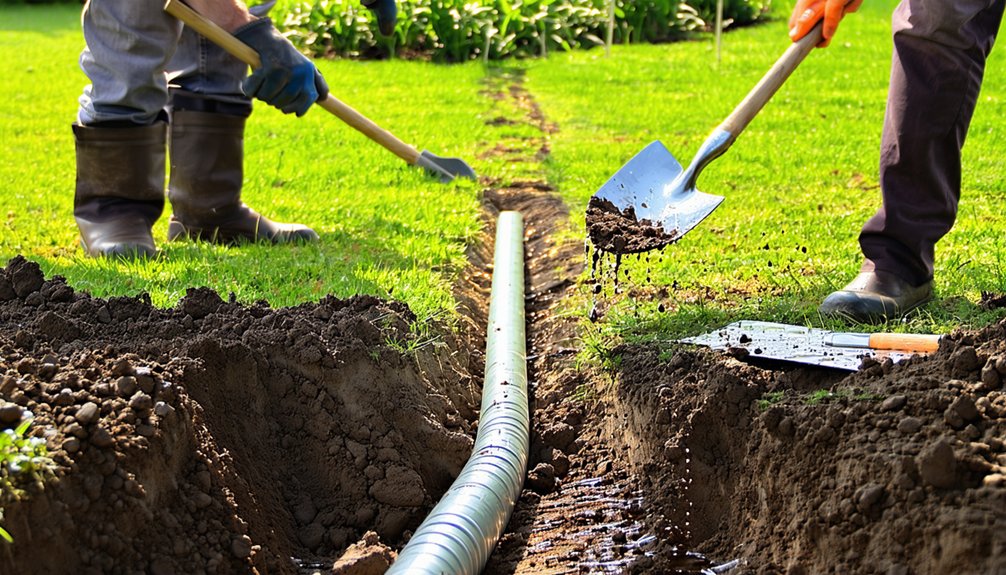 Two people digging a trench in a grassy yard and laying a drainage pipe in the ground, with soil and gardening tools visible around the work area.