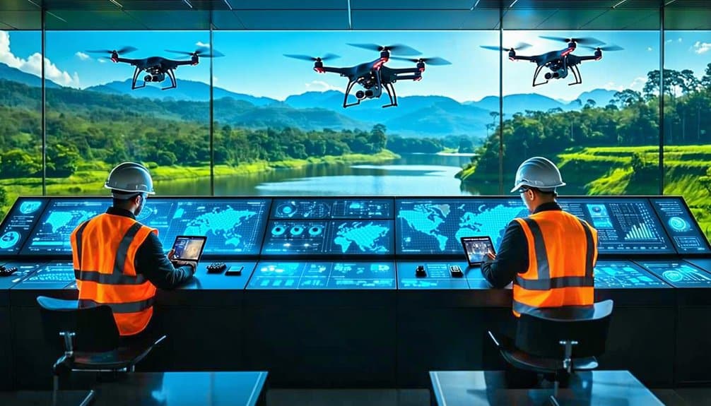 Two engineers in orange safety vests and helmets operate high-tech control panels, monitoring drones flying over a scenic river and forest seen through large windows. Digital screens display maps and data.