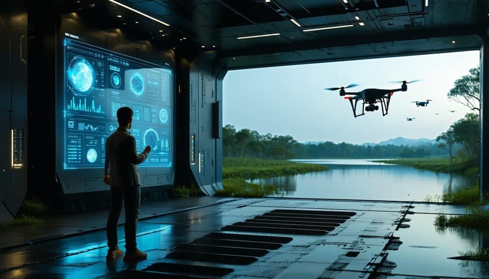 A person stands in a high-tech control room with digital screens, monitoring drones flying outside over a river and lush green landscape under a cloudy sky.