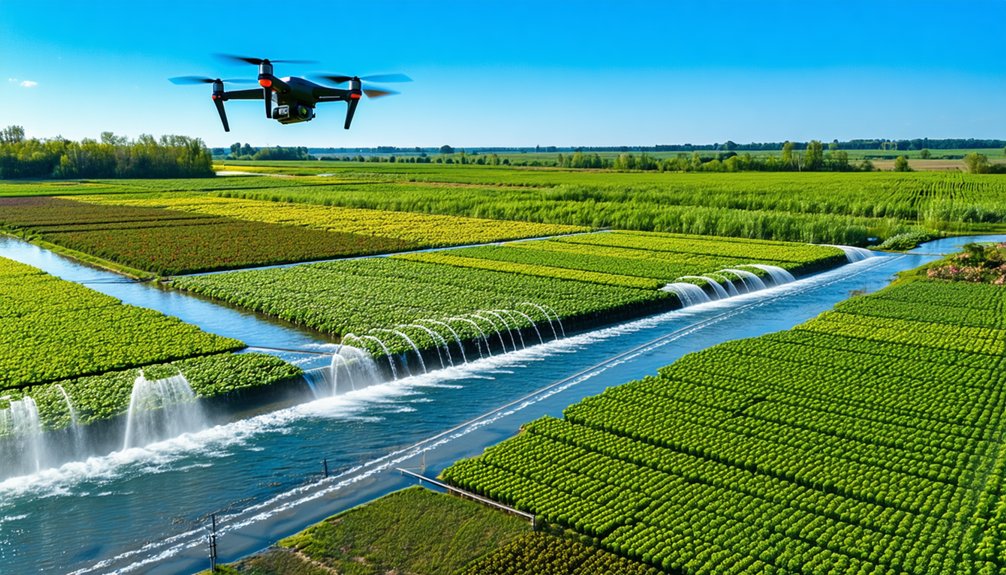 A drone flies over lush, green farmland with rows of crops and irrigation channels watering the fields under a clear blue sky.