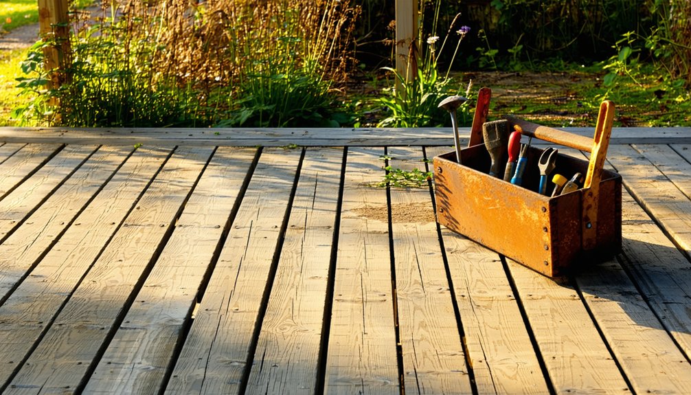 A rusty metal toolbox filled with various hand tools sits on a wooden deck, with sunlight casting shadows and green plants visible in the background.