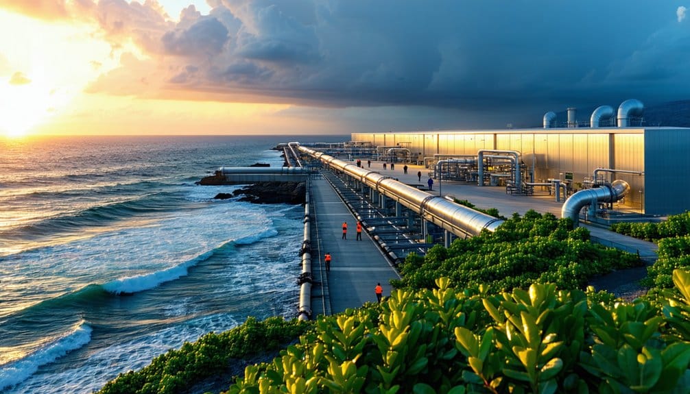 A modern desalination plant with long metal pipes runs along the coastline at sunset, with waves crashing nearby and several workers in orange gear walking beside the facility. Lush green plants cover the foreground.