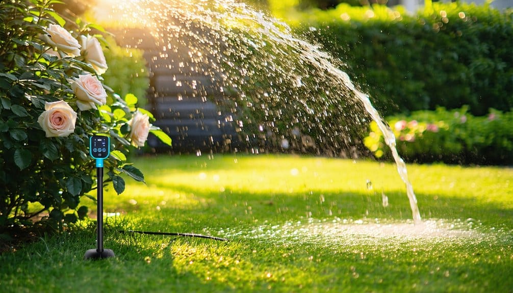 An automatic lawn sprinkler with a digital timer waters a sunlit lawn near blooming pink roses, with water droplets sparkling in the sunlight.
