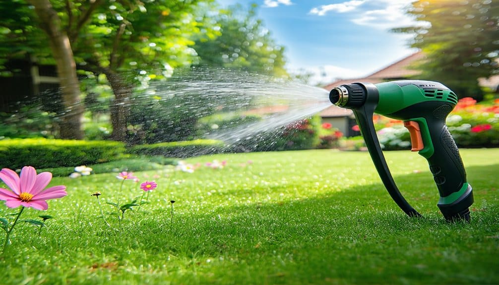 A green and black garden hose nozzle sprays water over a lush lawn with pink flowers, surrounded by trees and plants, under a bright blue sky, while an automatic lawn sprinkler waters nearby.