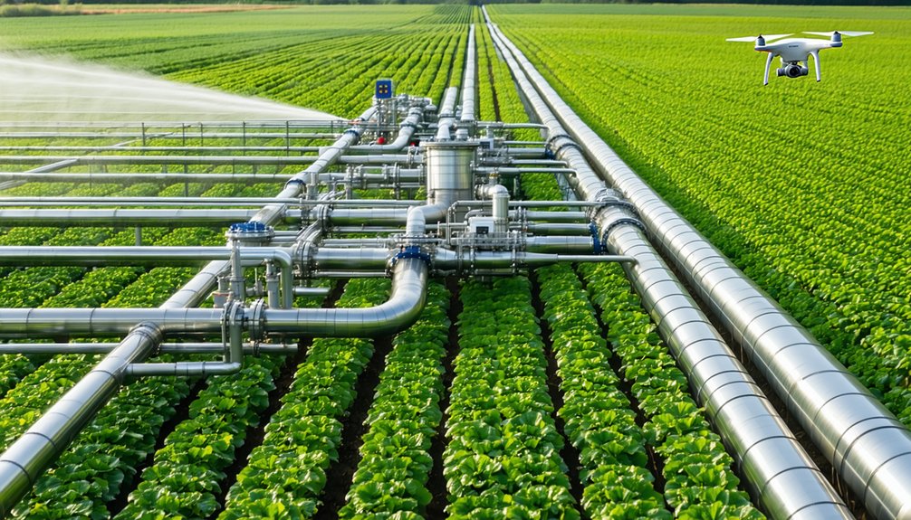 A large, modern irrigation system with metal pipes waters rows of green crops on a farm. A drone flies above the field, indicating the use of advanced technology in agriculture.