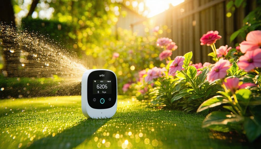 An automatic lawn sprinkler sits on green grass, spraying water over blooming pink flowers, as sunlight streams through trees and a fence in the background.